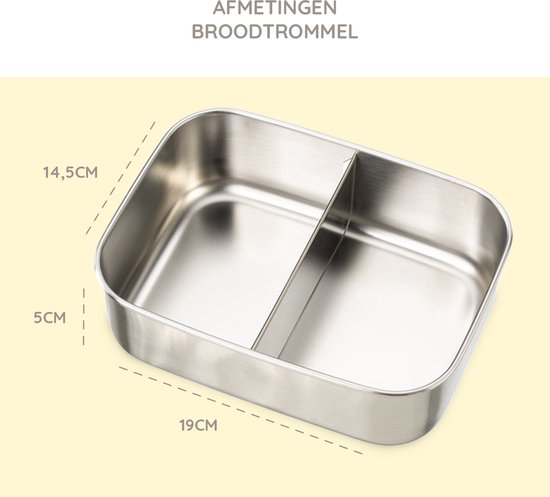 Afmetingen broodtrommel: 19 cm lang, 14,5 cm breed, 5 cm hoog.