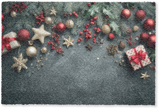 Deurmat 90x60 cm - Droogloopmat Kerstomlijsting - Hulst - Kleurrijk - Mat voor binnen - Schoonloopmat - Deurmatten met print - Inloopmat