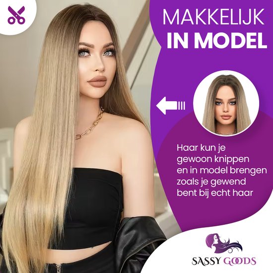 Model met lang, steil, blond ombre haar, met de tekst 'Makkelijk in model, haar kun je gewoon knippen en in model brengen zoals je gewend bent bij echt haar'.