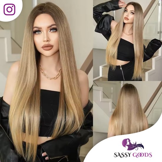 Collage van een model met lang, steil, blond ombre haar, inclusief een detail van de achterkant.