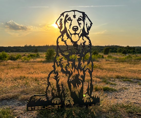 Golden Retriever Grondsteker Steelhouet - Cortenstaal - Metaal silhouet - Tuindecoratie - H60 x B42 cm - Kerst cadeau - Tuinbeeld - Hondenbeeld
