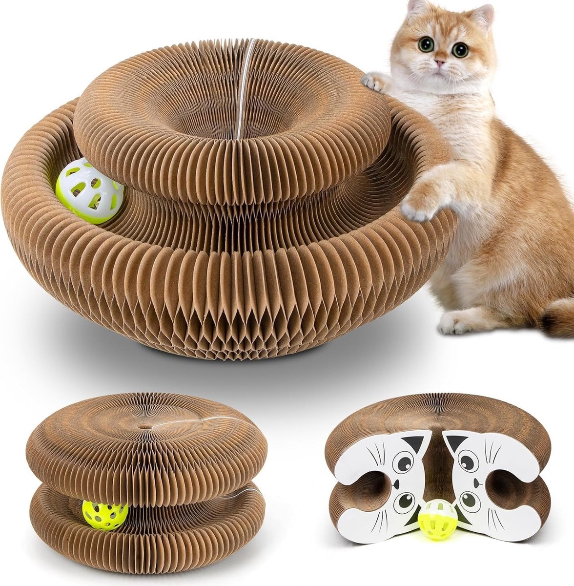 Kartonnen krabpaal voor katten - Opvouwbare krabpaal in meerdere vormen- interactief speeltje met ophaalbare bel- stimuleert het jachtinstinct van katten