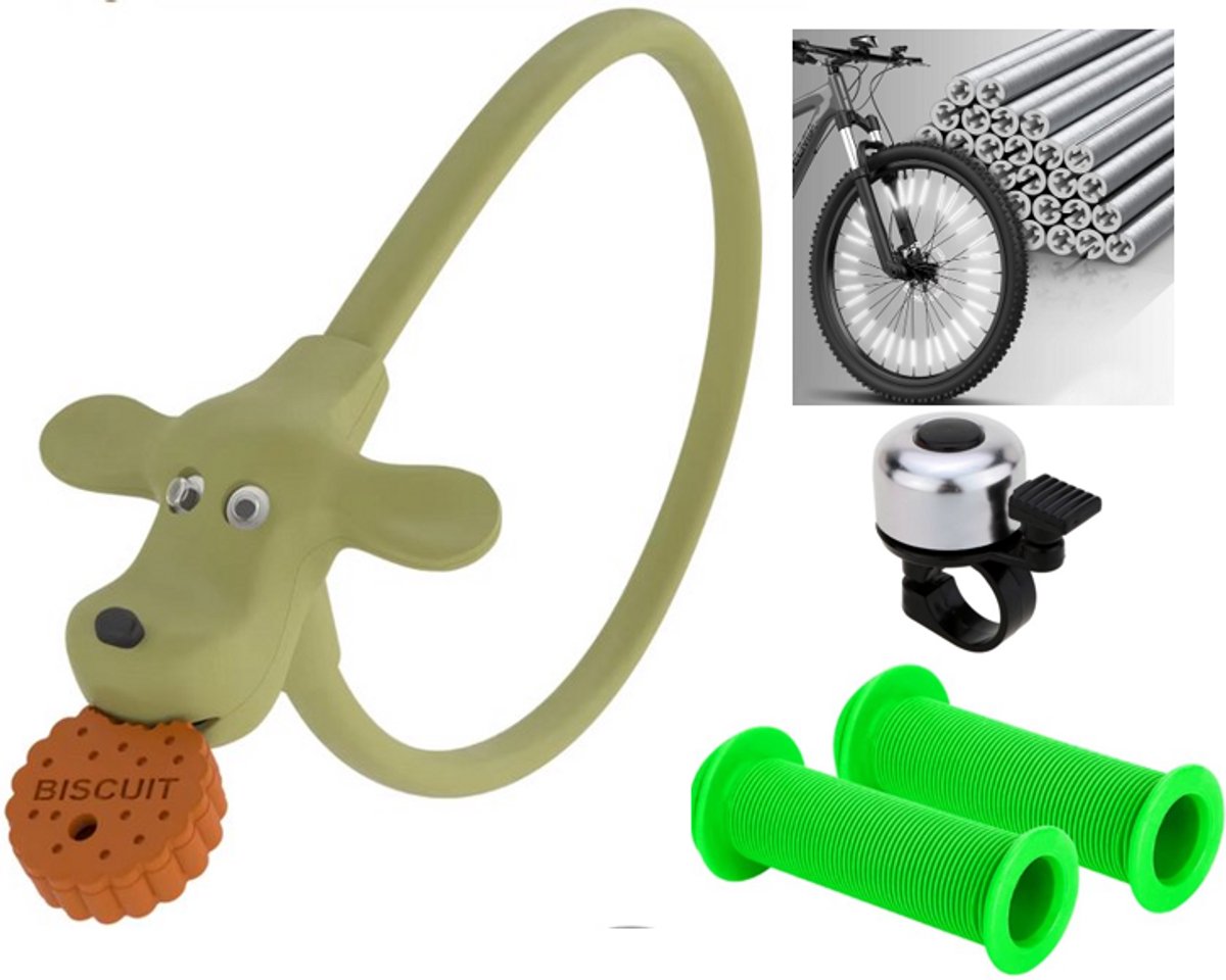 Rieba® Fietsslot 4-delige Set Grijs / Groen - Kinderslot voor Kinderfiets - Inclusief Fietsbel - Spaakversiering & Handvatten - Accessoires voor Kinderen - Fiets Kind - Grijs / Groen