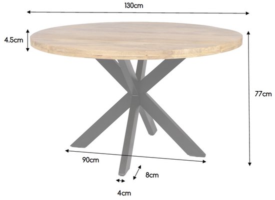 Afmetingen van een ronde eettafel: 130cm diameter, 77cm hoogte.