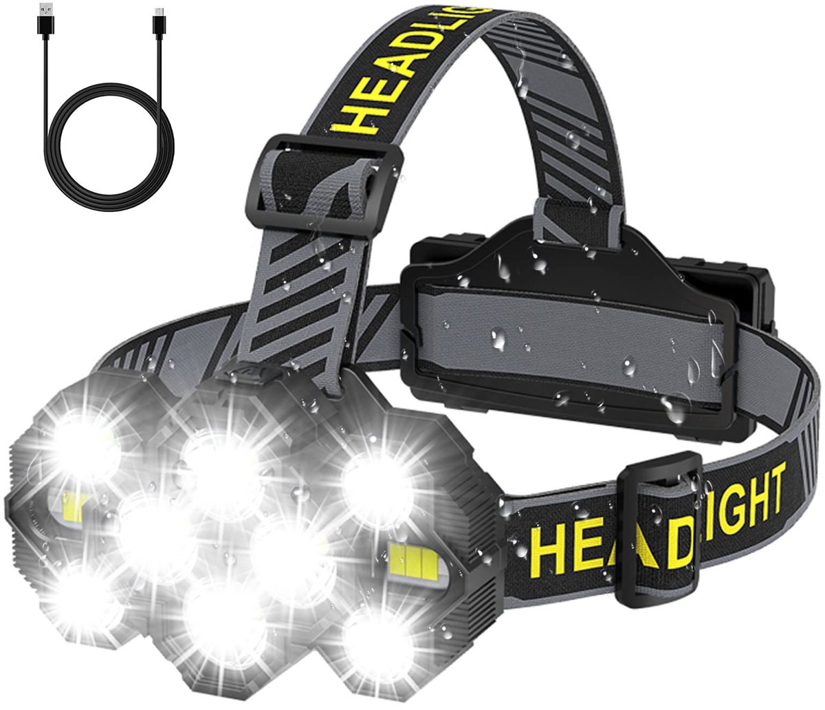 Hoofdlamp - Hoofdlamp LED oplaadbaa - 10 LED-koplampen - Extra Krachtig - 1000 lumen - 150 meter bereik - Verstelbaar
