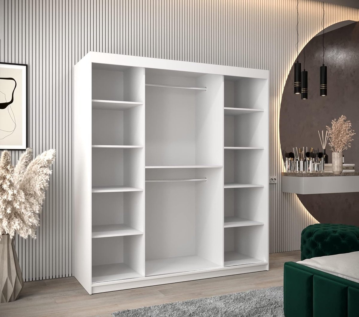 Grote moderne schuifdeur kledingkast 180 cm – mat wit – 2 schuifdeuren met spiegel – ingebouwde kledingstang & planken – 180×200×62 cm