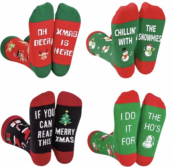 SilverAndCoco - 4 Paar Rebelse Kerstsokken met Tekst / Gekke Foute Vrolijke Happy Kerst Sokken Kerstman / Leuke Grappige Dikke Warme Huissokken Kerstmis Kerstcadeau pakket / Wintersokken Kleding Socks Mannen Vrouwen / Sinterklaas Schoen Cadeau