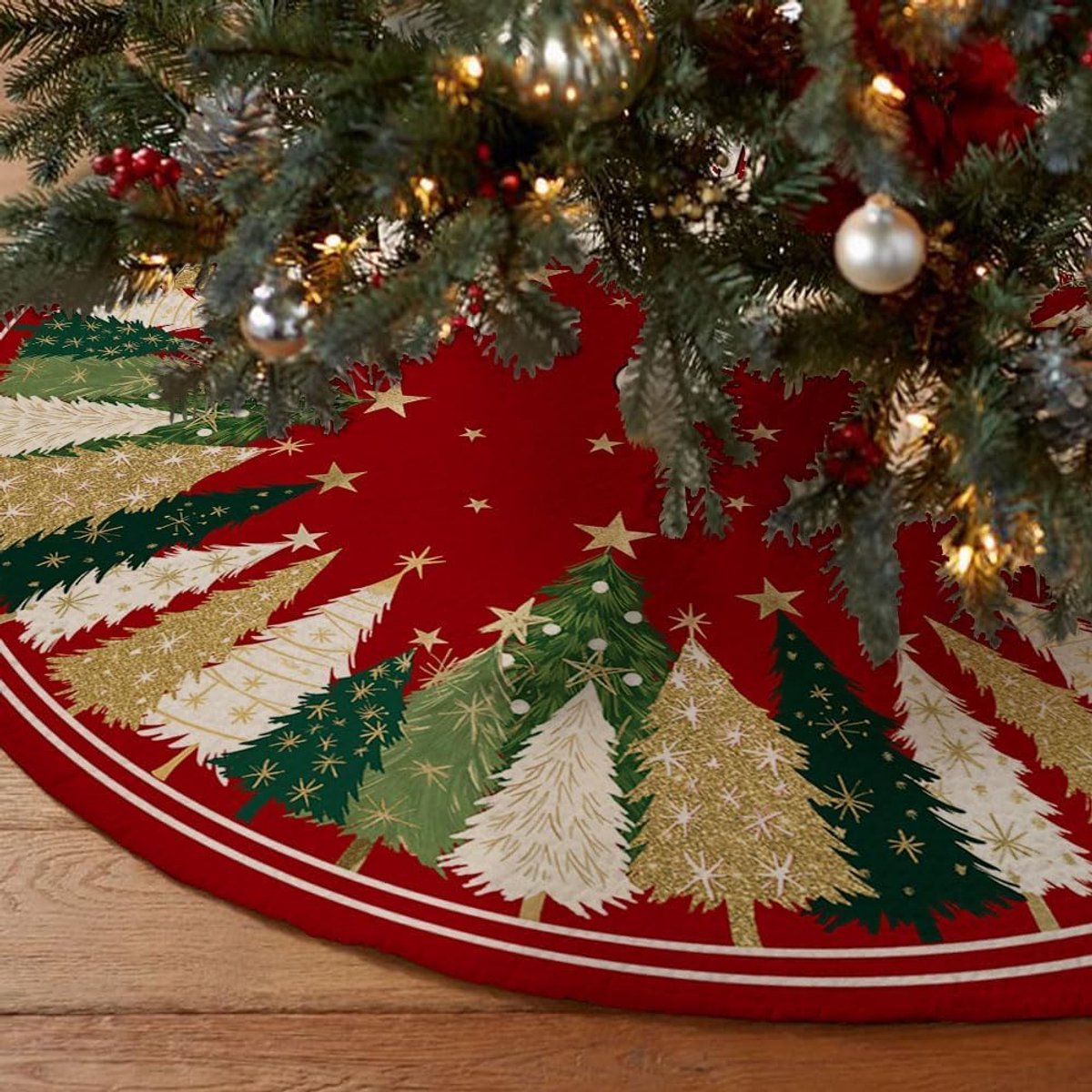 Ronde Kerstboom Rok - Met Glitterende Ster en Kerstboom Motief - Kerstboom Kleed en Ondersetzer - Beschermt Vloer, Feestelijke Afwerking - Voor Binnen - 122 cm - 1 Stuk