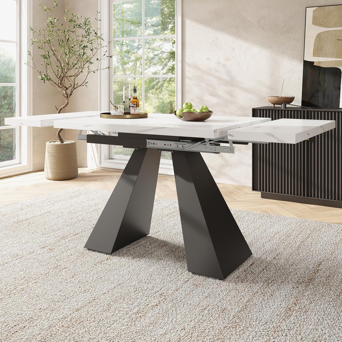 Uitschuifbare Eettafel 99-159 cm – Moderne Marmeren Tafelblad met Kolompoten, Keuken- en Woonkamertafel voor Thuiswerk, Studeren of Familie-etentjes, Zwart & Wit – Meda Home Store