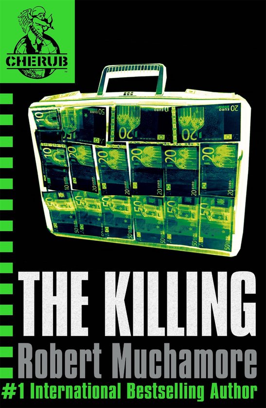 Boek "THE KILLING" van Robert Muchamore, met op de kaft een aktetas gevuld met eurobiljetten.