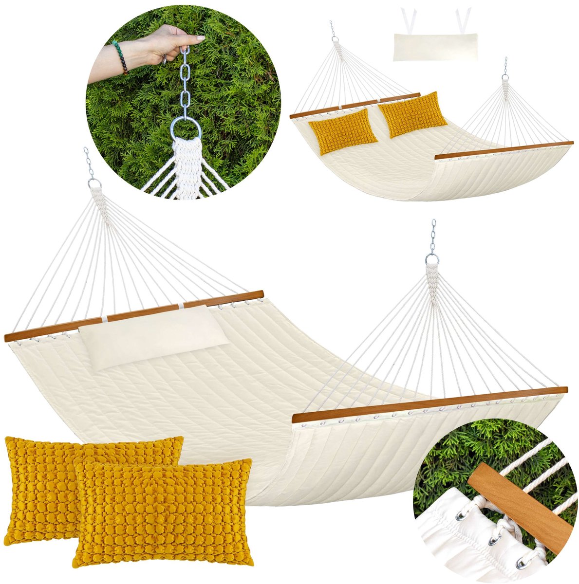 Luxe Tweepersoonshangmat met Houten Spreidstok & Kussen - Beige