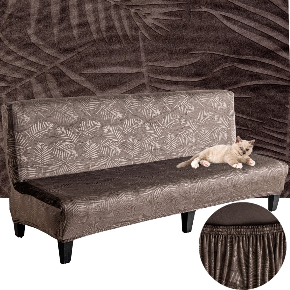 Elastische Bankhoes Velours Palmbladeren 190-210cm OEKO-TEX Bruin