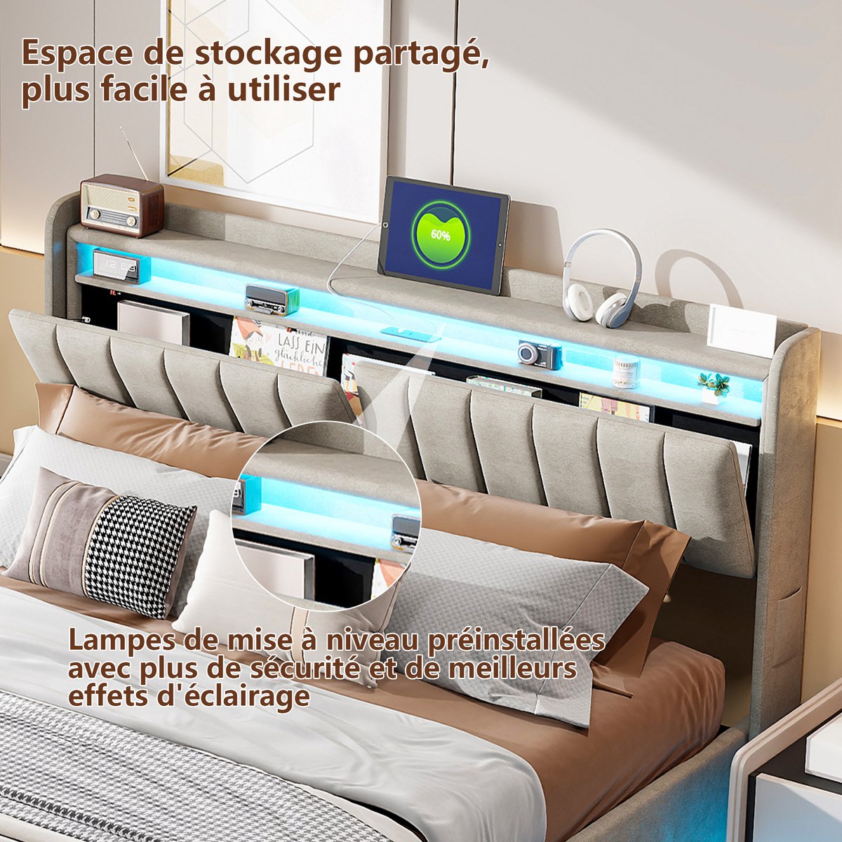 Grijs Fluwelen Bed 160x200 cm met LED USB en Opbergruimte - afbeelding 3