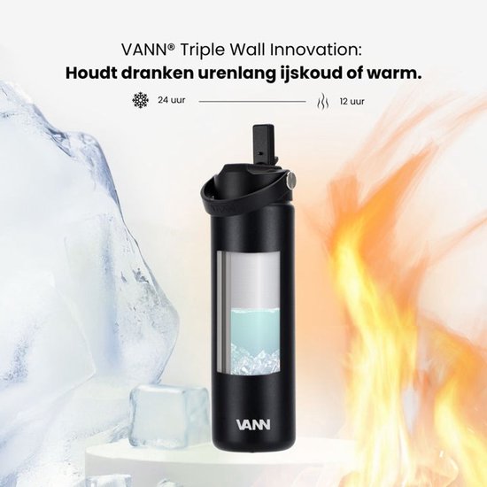 VANN® 3-Wandige RVS Drinkfles 650 ML met rietje voor volwassenen – Met 5 accessoires – Thermosfles – 24 uur koud/12 uur warm – Satin Noir – VANN Ultimate Bottle®