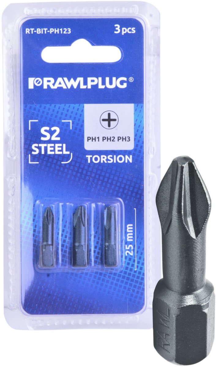 Rawlplug Bitset PH1, PH2, PH3 - 25mm, 3 Stuks