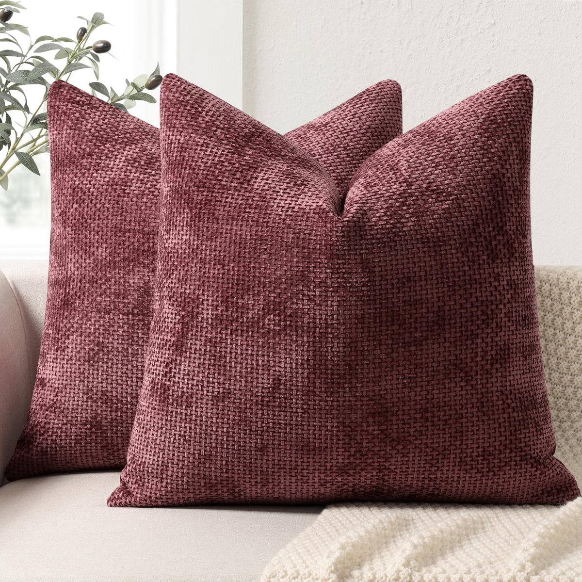Unyqoos Set van 2 luxe chenille kussenhoezen voor bank en bed in wijnrood