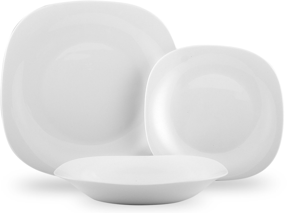 Servies voor 6 personen, wit, vierkant, 18-delig, vaatwasmachinebestendig