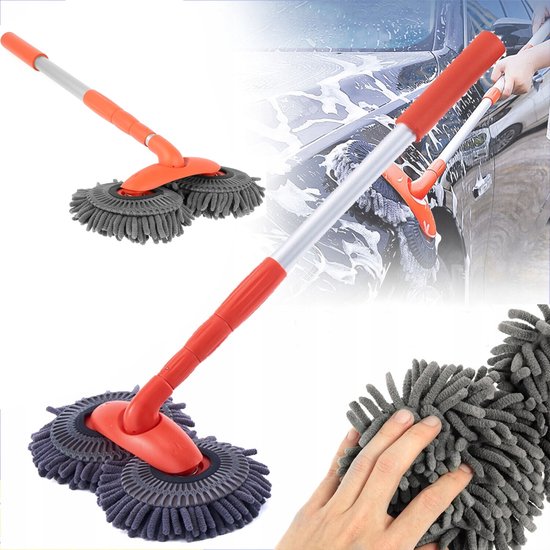 Autowasborstel met lange handgreep, microvezel-auto-dweil, 2-in-1 Autowasborstel met lange handgreep, microvezel-auto-dweil, 2-in-1