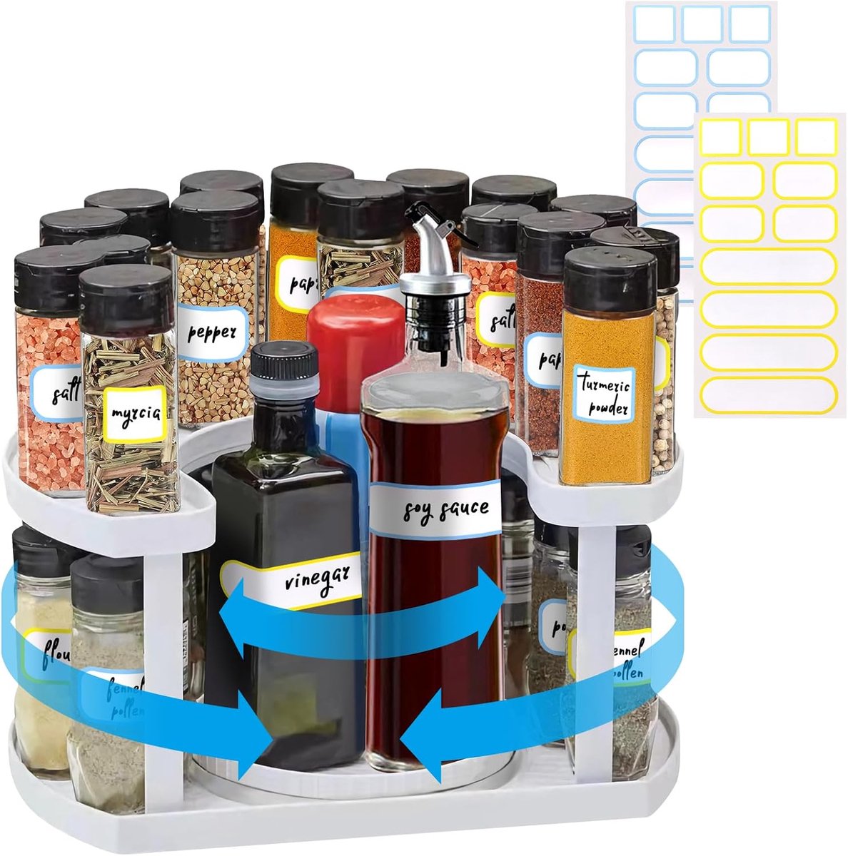 Famanu - 33 cm Lazy Susan Draaitafel met 2 stuks Categorie Labels, Draaitafel Opslag Kruidenrek voor Keuken Spice Organizer, Koelkast Lazy Susan Kast Organisator, Antislip Lazy Susan Organizer