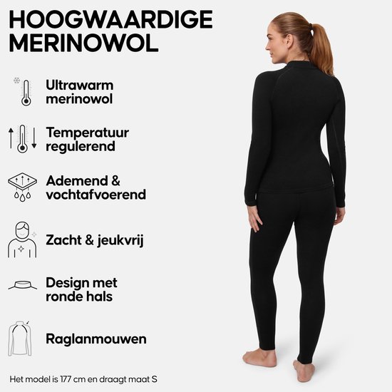 Zwart dames thermo set met ronde hals. Model is 177 cm en draagt maat S.