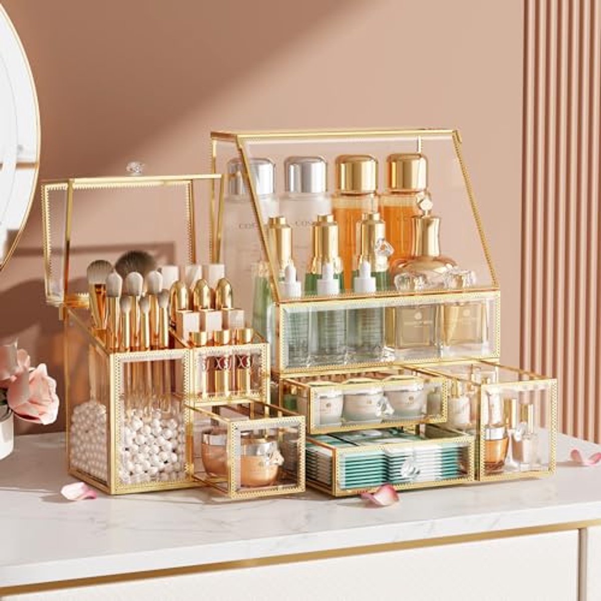Make-up Organizer voor Ijdelheid, Cosmetica Organizer en Huidverzorging, Wit Goud, 360° Draaiend