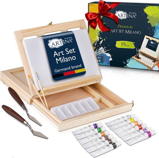 Ensemble de peinture acrylique Artina 19 pièces Milano - chevalet toile pinceaux acryliques palette de mélange