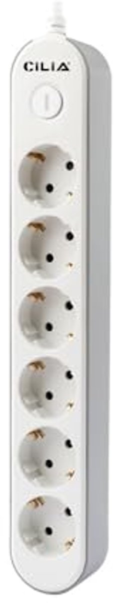 CILIA Meervoudig stopcontact met 6 AC-persen, verlengkabel van 1,5 m, verborgen kabelhouder, wit, afmetingen 5,1 x 33,8 cm, met schakelaar, ideaal voor woonkamer, keuken en slaapkamer.