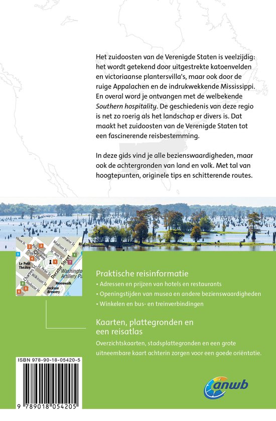 Kaart van het zuidoosten van de Verenigde Staten met water, bomen, gebouwen en tekst.