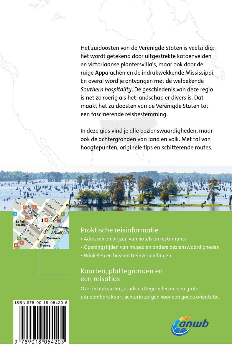Kaart van het zuidoosten van de Verenigde Staten met water, bomen, gebouwen en tekst.