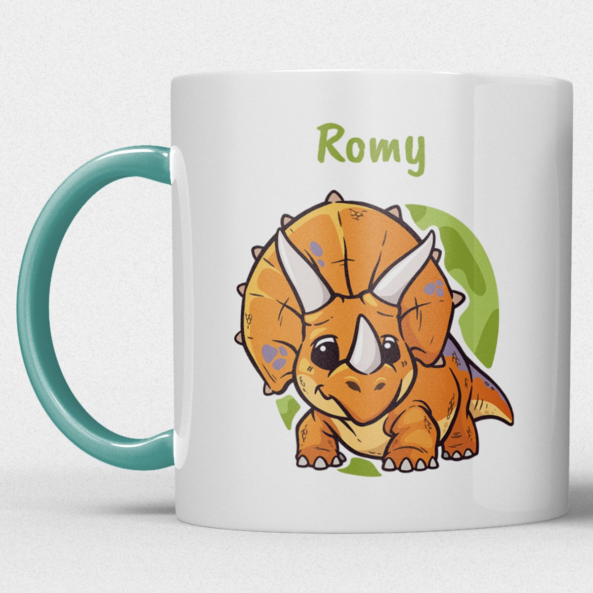 kindermok\kinderbeker | gepersonaliseerd met naam | met dino/dinosaurus | zeegroen blauw | Schattige illustraties