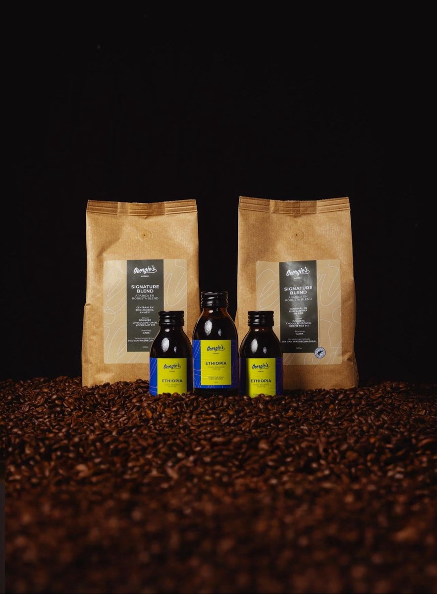 Georgie's Morning Mix - Proefpakket Koffiebonen en Cold Brew Koffie Proefpakket - 2x500g (koffiebonen 1kg) & 3x125ml (3 stuks Cold Brew Koffie) - Signature Blend - Krachtig & Chocoladeachtig - Mix van Cold Drip Koffie en Premium RFA Koffiebonen