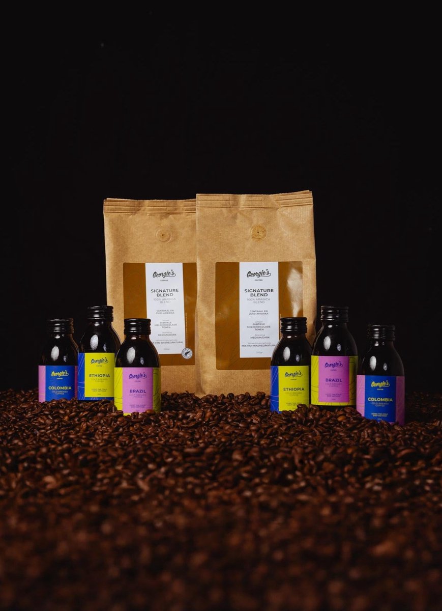 Georgie's Cold Brew & Beans - Proefpakket Koffiebonen en Cold Brew Koffie Proefpakket - 2x500g Arabica Blend Koffiebonen en 6x125ml (Mix van 6 stuks Cold Brew Koffie) - Mix van Cold Drip Koffie en Premium RFA Koffiebonen