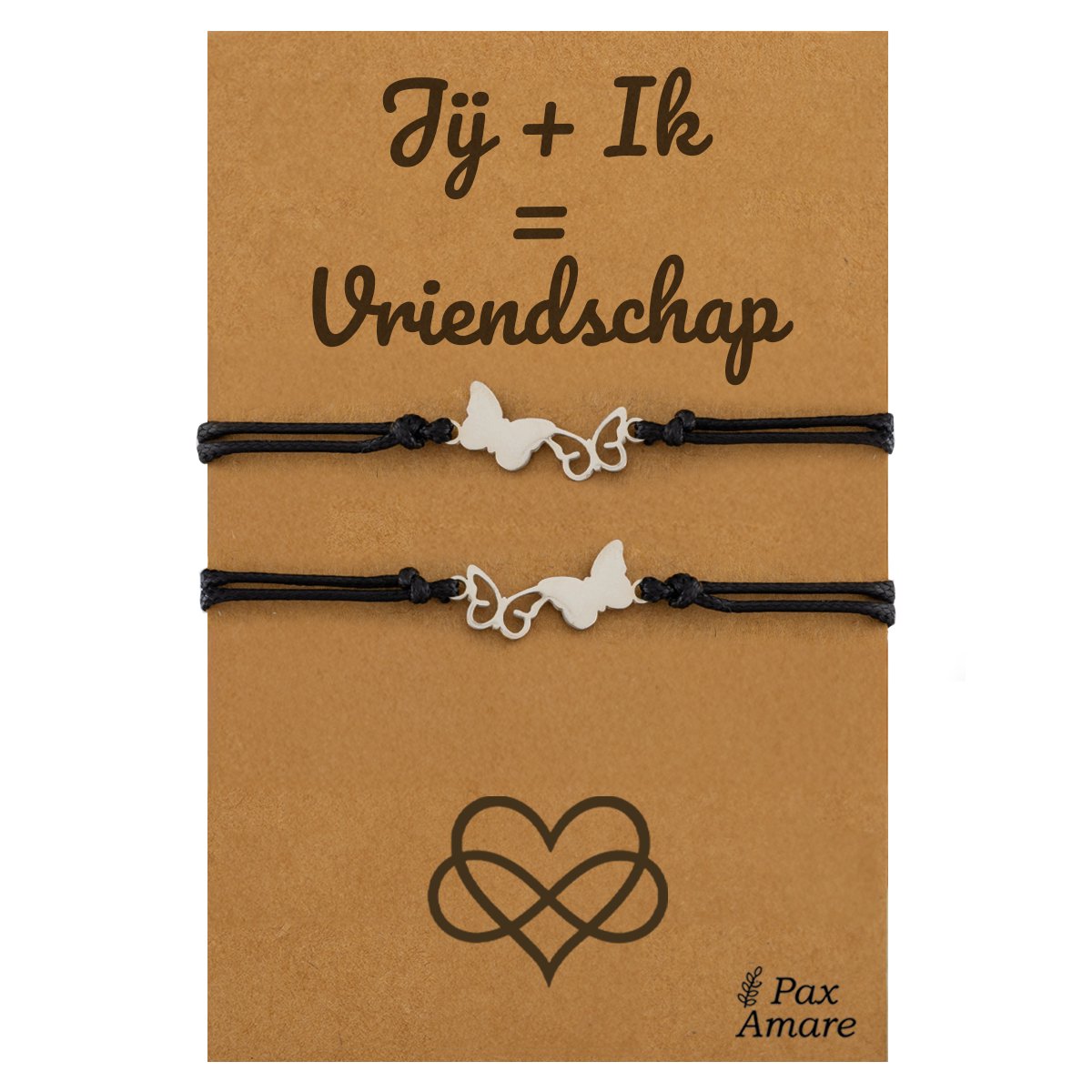 Vriendschapsarmbandjes voor 2 "Jij + Ik = Vriendschap" - Vlinders - BFF Armbandjes met Persoonlijk Cadeau Kaartje - Zilverkleurig - Elastisch Verstelbaar - Pax Amare