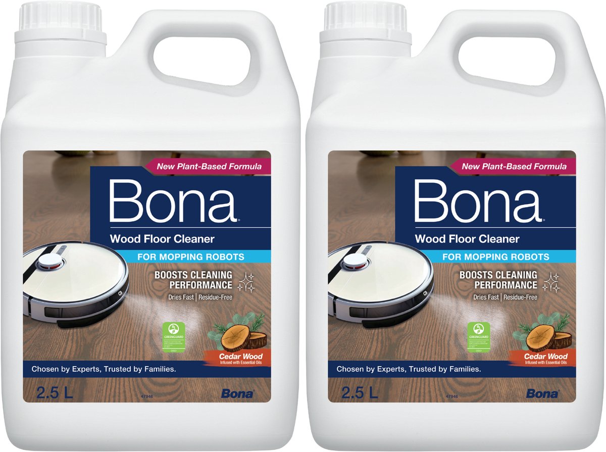 Bona Houten Vloerreiniger voor Robotstofzuiger met Dweilfunctie - Vloerreiniger Robotstofzuiger - Reinigingsmiddel - Sneldrogend en Streeploos - 2,5L (2-pack)
