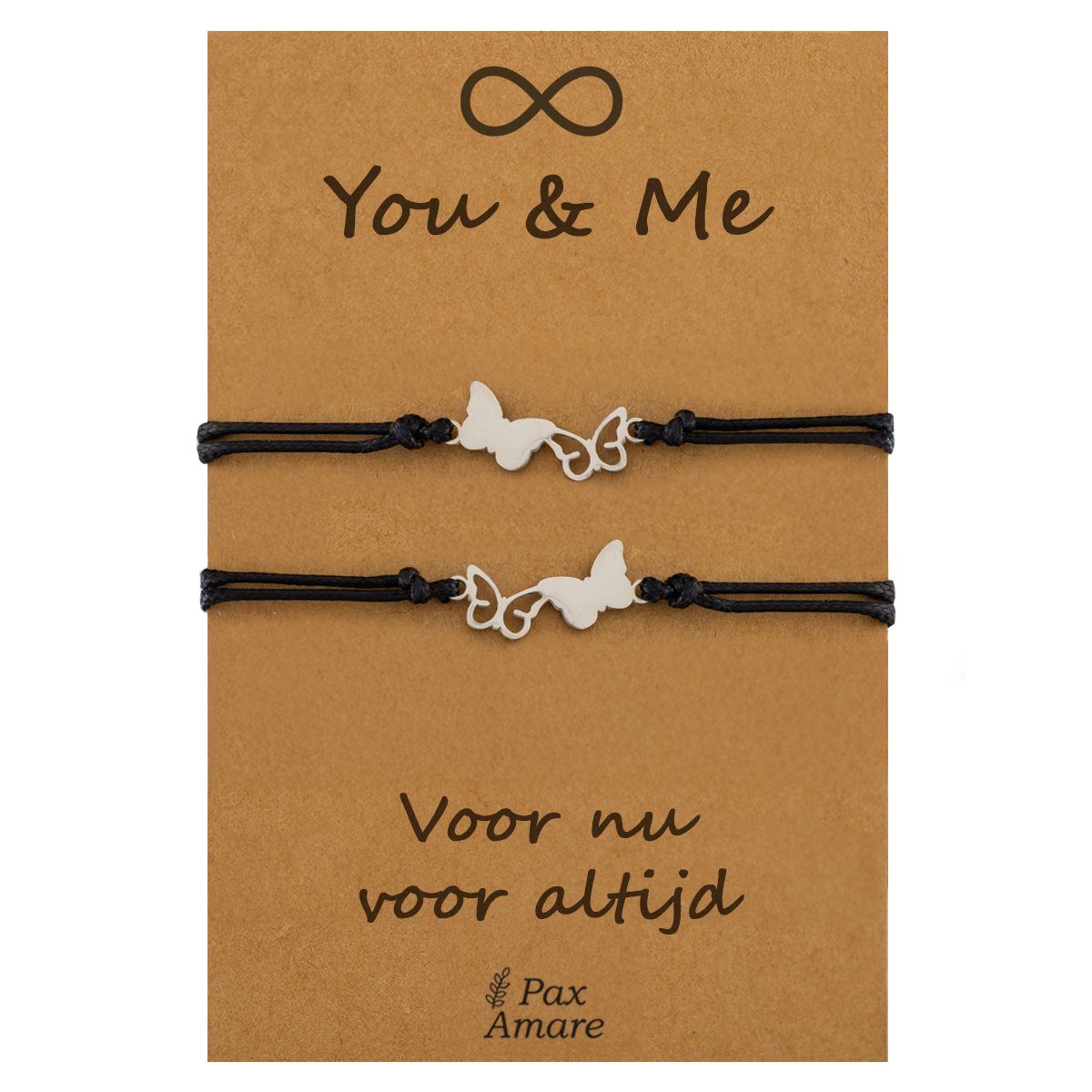 Vriendschapsarmbandjes voor 2 " You & Me ∞" - Vlinders - BFF Armbandjes met Persoonlijk Cadeau Kaartje - Zilverkleurig - Elastisch Verstelbaar - Pax Amare