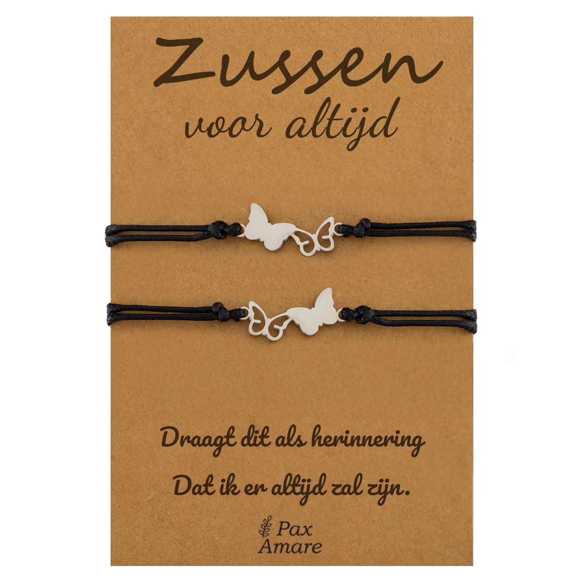 Vriendschapsarmbandjes voor 2 "Zussen voor altijd" - Vlinders - Sisters Armbandjes met Cadeau Kaartje - Zilverkleurig - Elastisch Verstelbaar - Pax Amare
