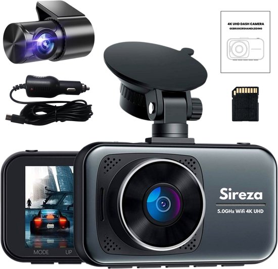 Sireza® D2 - Dashcam - Dashcam Voor Auto - Dual Dashcam - Ultra 4K & UHD - Voor en Achter Camera - WiFi - 3 inch met App - 128GB SD Kaart - Loop Opname - G Sensor - NL Handleiding + Systeem
