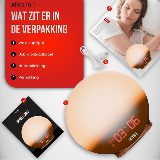 DistinQ Wake-Up Light - Wekkerradio met dubbele wektijd - Slaaphulp met USB aansluiting - Houtkleurig van DistinQ — afbeelding 3