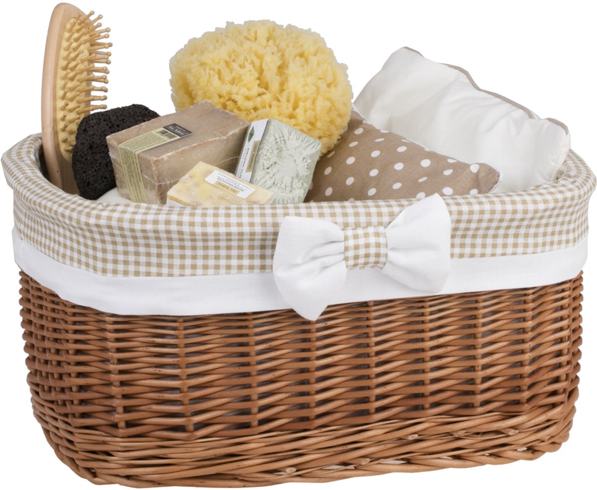 The Wicker Stories – Rieten opbergmand met stoffen voering in beige ruit – Handgemaakt in Europa – Natuurlijk