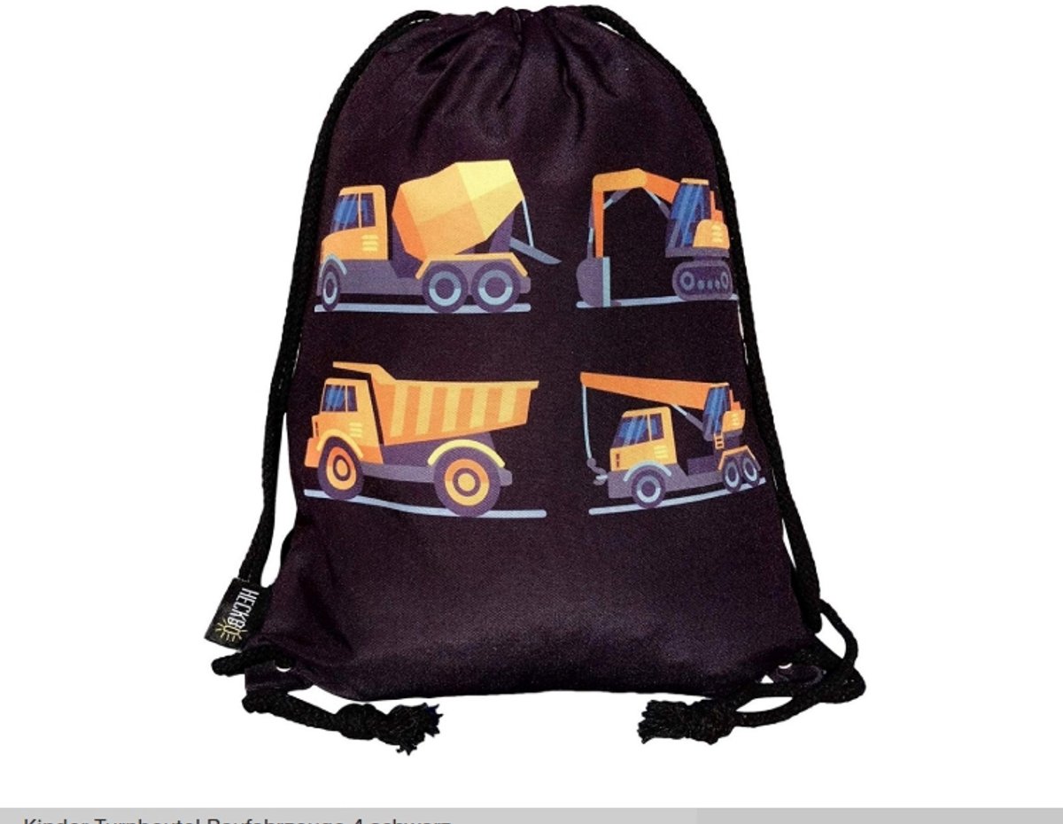 HECKBO Gymtas voor kinderen – Bouwvoertuigen Zwart (32×40 cm)