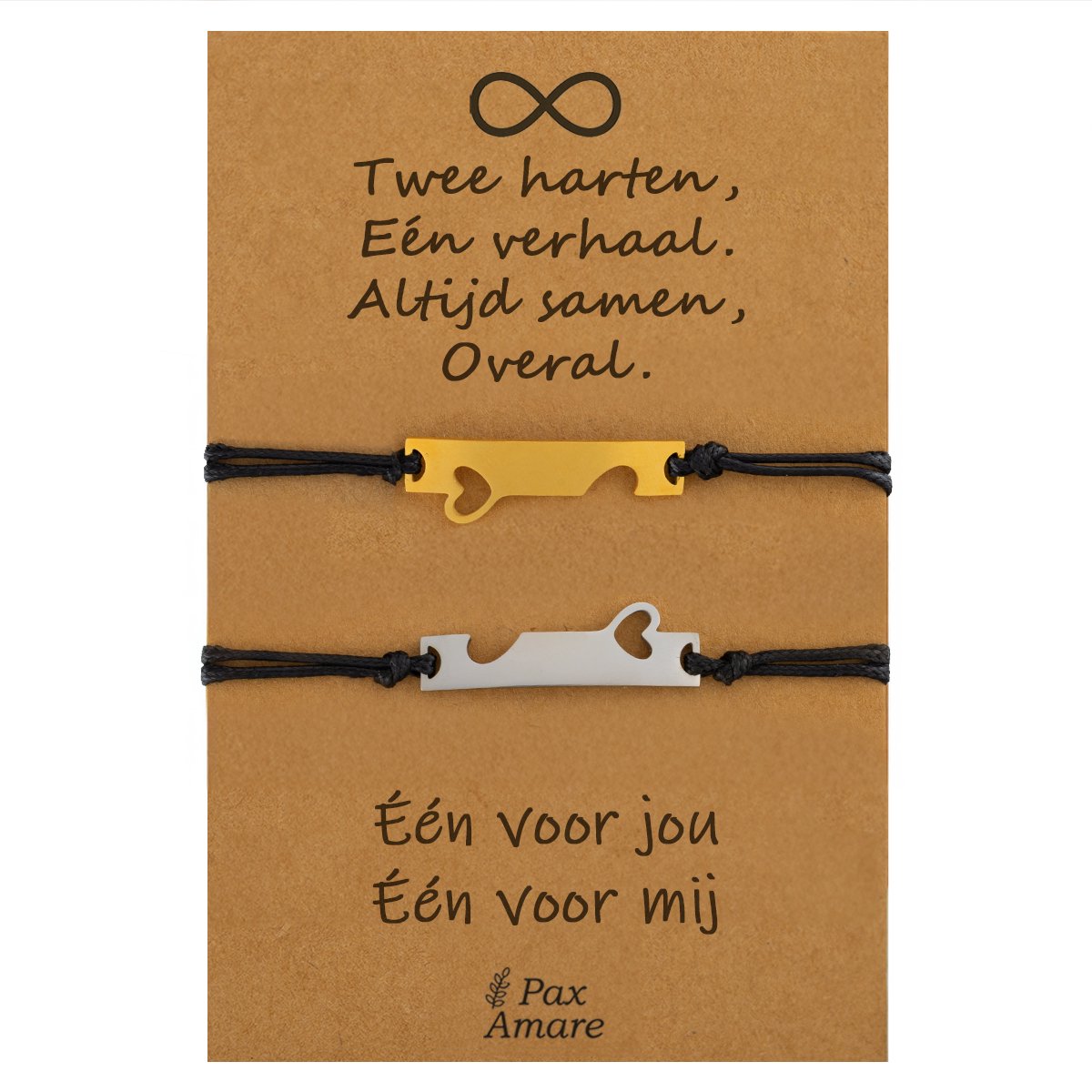 Vriendschapsarmbandjes voor 2 " Twee Harten, Een Verhaal ∞" - Aansluitende Hartjes - BFF Armbandjes met Persoonlijk Cadeau Kaartje - Zilverkleurig & Goudkleurig - Elastisch Verstelbaar - Pax Amare