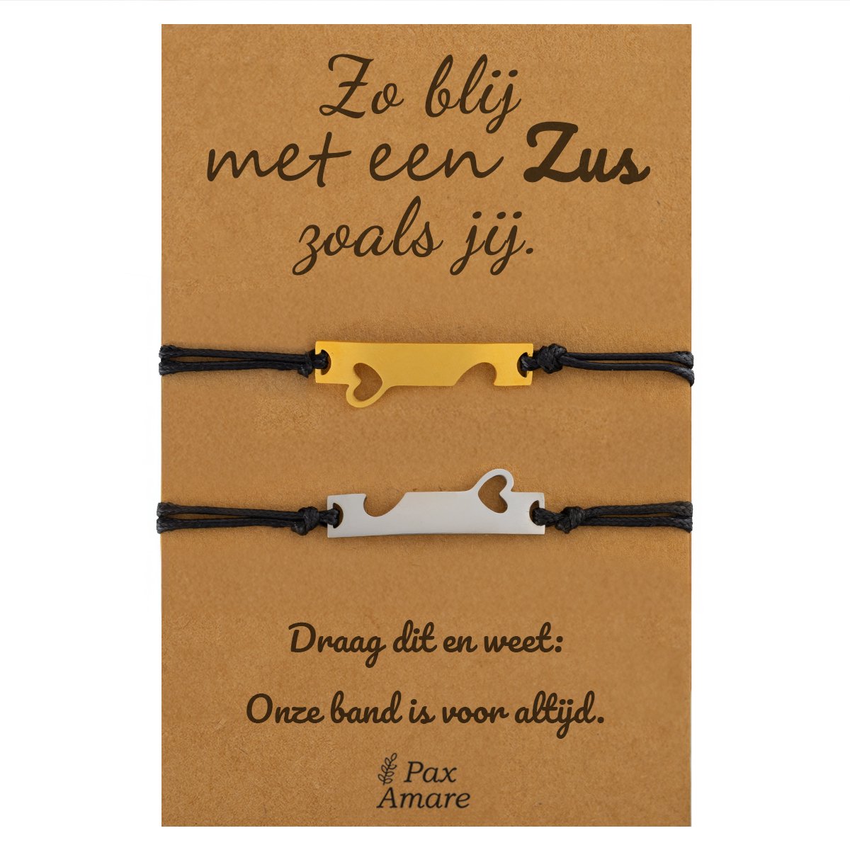 Vriendschapsarmbandjes voor 2 "Zo blij met een zus zoals jij" - Aansluitende Hartjes - Sisters Armbandjes met Cadeau Kaartje - Zilverkleurig & Goudkleurig - Elastisch Verstelbaar - Pax Amare