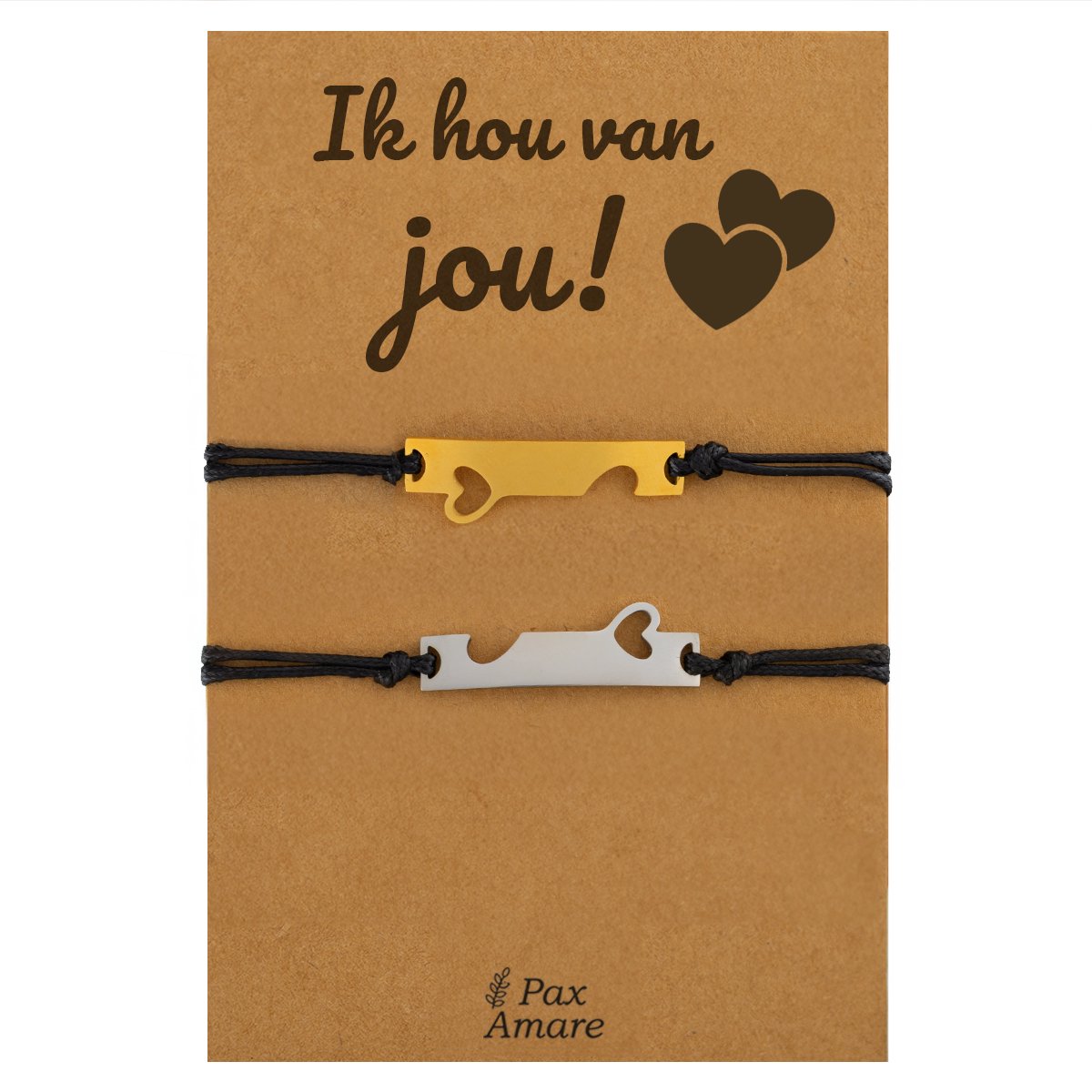 Vriendschapsarmbandjes voor 2 "Ik Hou van Jou" - Aansluitende Hartjes - Koppel Armbandjes met Lief Cadeau Kaartje - Zilverkleurig & Goudkleurig - Elastisch Verstelbaar - Pax Amare