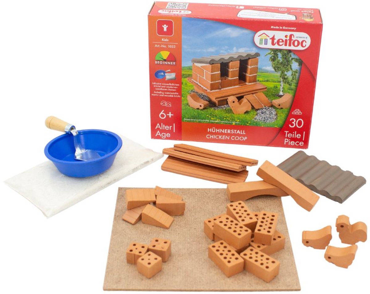 Teifoc® Bouwdoos – Kippenhok Bouwset – 30 onderdelen – Echte mini Bakstenen met Cement, Kom en Troffel – Bouwpakket voor kinderen vanaf 6 jaar
