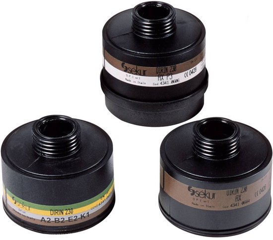 Drie Sekur DIRIN 230 gasfilters met bruine, groene en gestreepte labels. Allen met A2 classificatie.