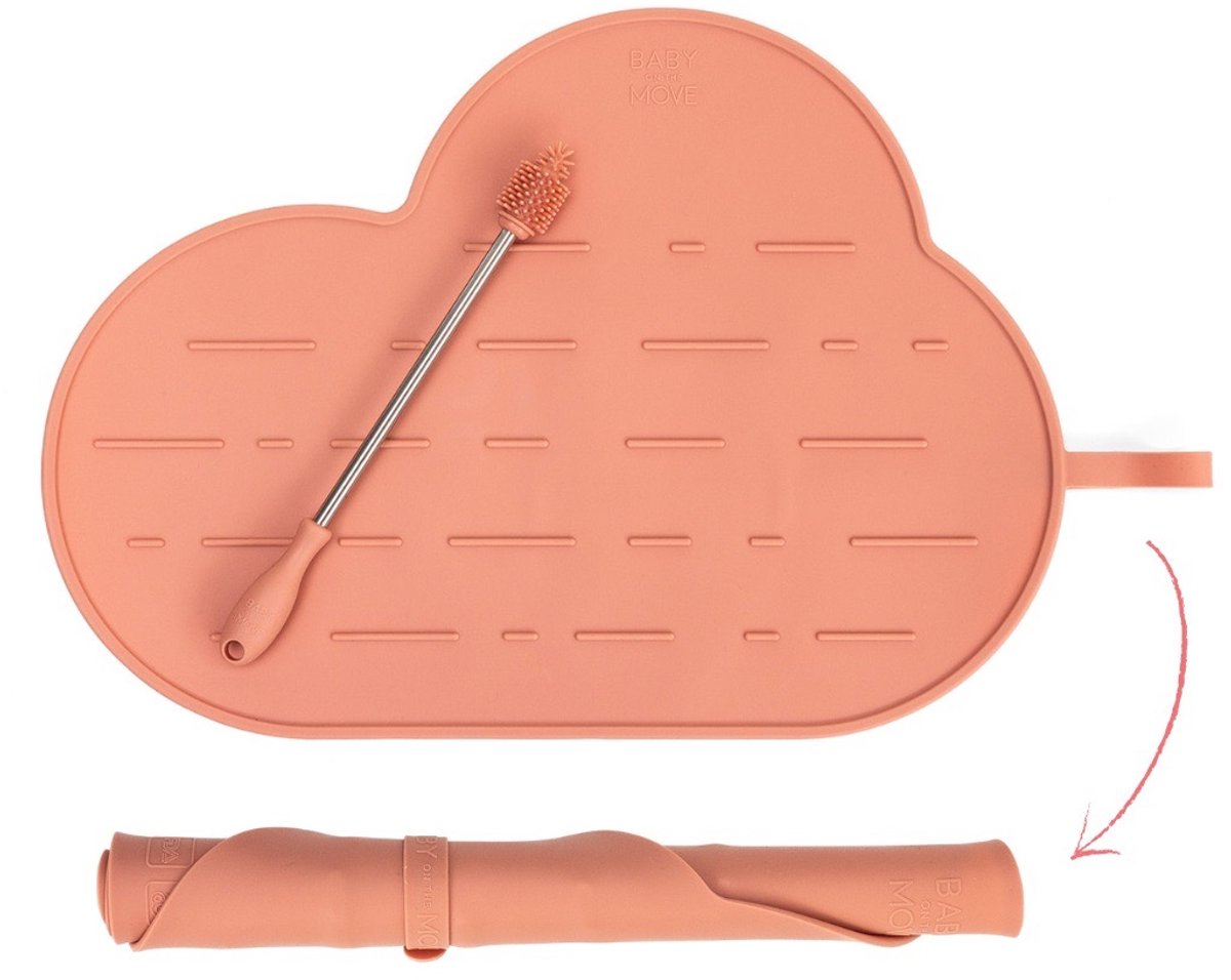 Owego - Yummy Clean Set - 2in1 druipmat & placemat met borstel - Oprolbaar - Meeneembaar - Stofafstotend - Vaatwasbestendig - Bloom