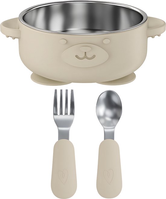 Assiette Bébé en acier inoxydable avec ventouse et Couverts Bébé - Vaisselle pour enfants 100 % sans BPA - Bol avec cuillère et fourchette - Services de table Bébé beige - Broemba®