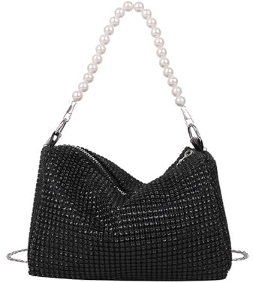 Elegante Glanzende Clutch Handtas voor Dames met Strass en Parelketting - Perfect voor Bruiloft en Feestjes