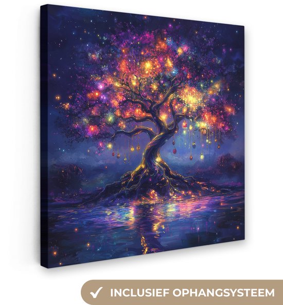 Canvas schilderij 50x50 cm - Exclusieve wanddecoratie Kosmisch - lichtboom - Kerst - Kleurrijk - Muurdecoratie woonkamer - Kamer decoratie - Schilderijen op canvas - Kerstdecoratie voor binnen - Kerstversiering - Kerstmis versiering
