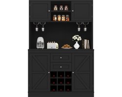 Kast met verstelbare planken & wijnrek, Hoge kast met 4 deuren & 2 lades, Sideboard voor keuken & woonkamer, Buffetkast, zwart